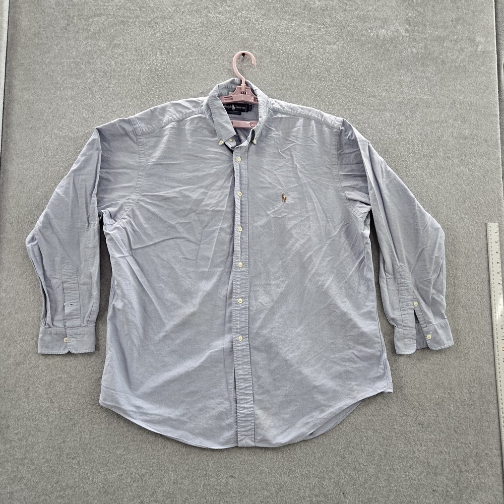 Ralph Lauren Men Button Up Shirt 17 Blue Chambray Logo Embroidery Long Sleeve